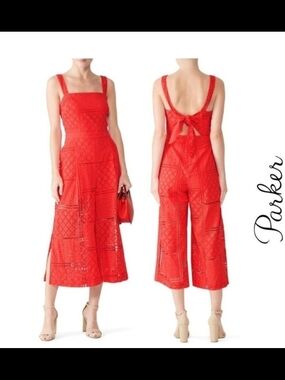 Parker Coral Cropped Eyelet Tie-Back Wide-Leg  Jumpsuit - Size 4
